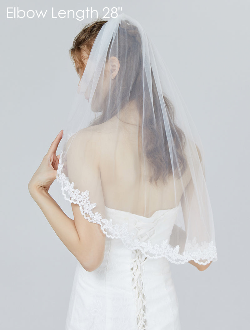 Voile de mariée avec peigne, 1 niveau, bord en dentelle, longueur du bout des doigts, 91 cm - V71