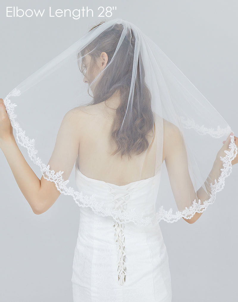 Voile de mariée avec peigne, 1 niveau, bord en dentelle, longueur du bout des doigts, 91 cm - V71