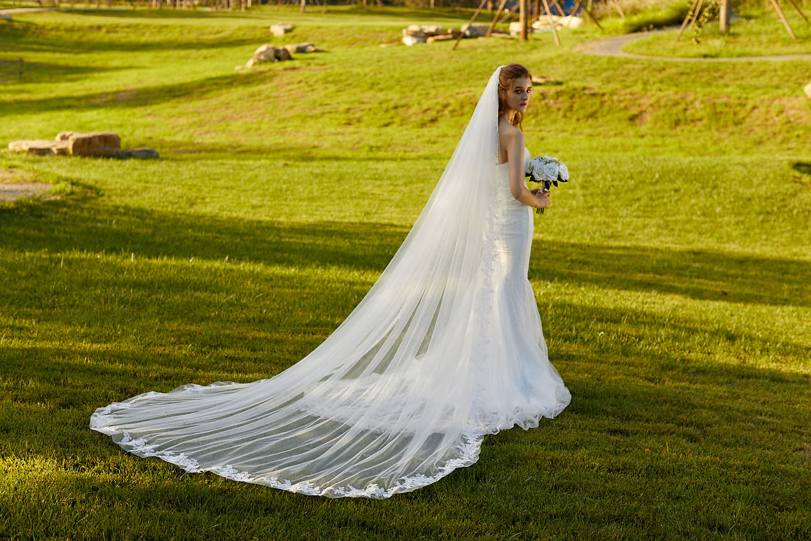 Wedding Bridal Veil with Comb 1 Tier Lace Applique Edge Cathedral Length 118"-V76