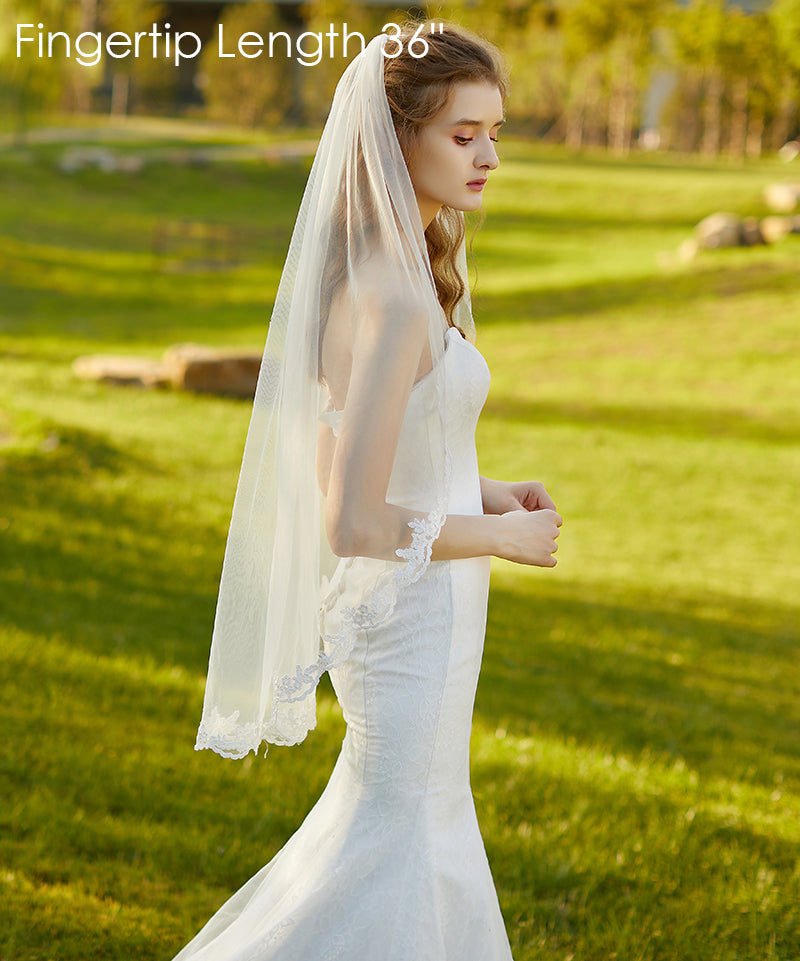 Voile de mariée avec peigne, 1 niveau, bord en dentelle, longueur du bout des doigts, 91 cm - V71