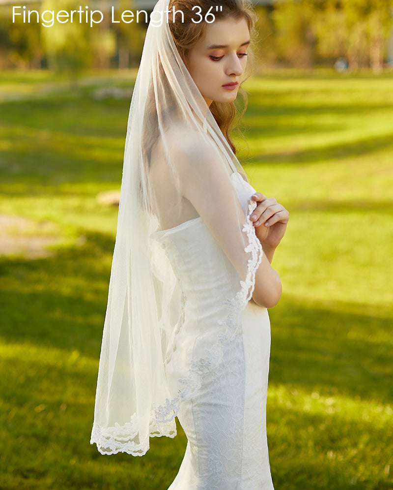 Voile de mariée avec peigne, 1 niveau, bord en dentelle, longueur du bout des doigts, 91 cm - V71