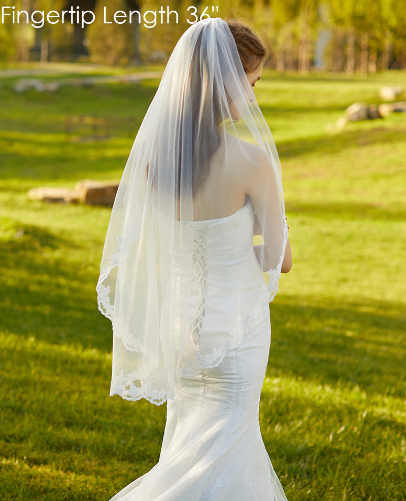 Voile de mariée avec peigne, 1 niveau, bord en dentelle, longueur du bout des doigts, 91 cm - V71
