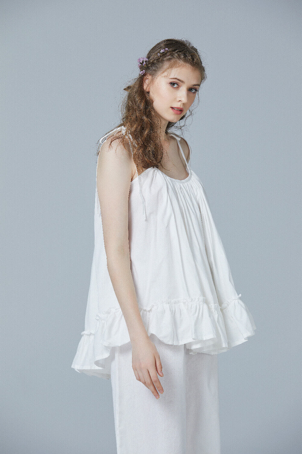 BEAUTELICATE-Cotton-Pajamas-Set-Plus size sleeveless ruffle hem camisole with adjustable straps for comfortable loungewear