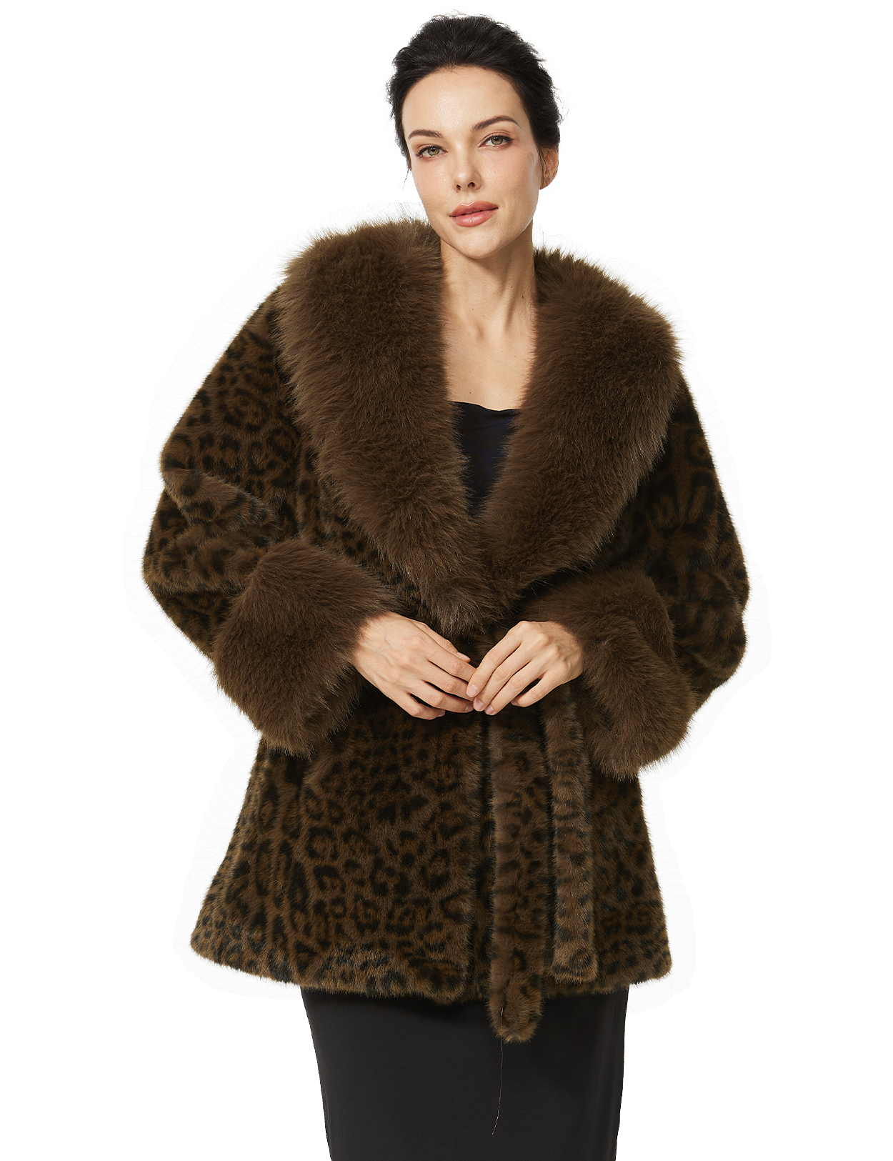 Women's Plush Faux Fur Leopard Print Coat with Belt