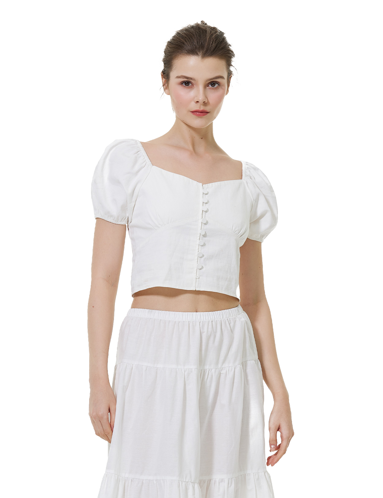 Renaissance Style White Crop Blouse with Puff Sleeves & Decorative Buttons