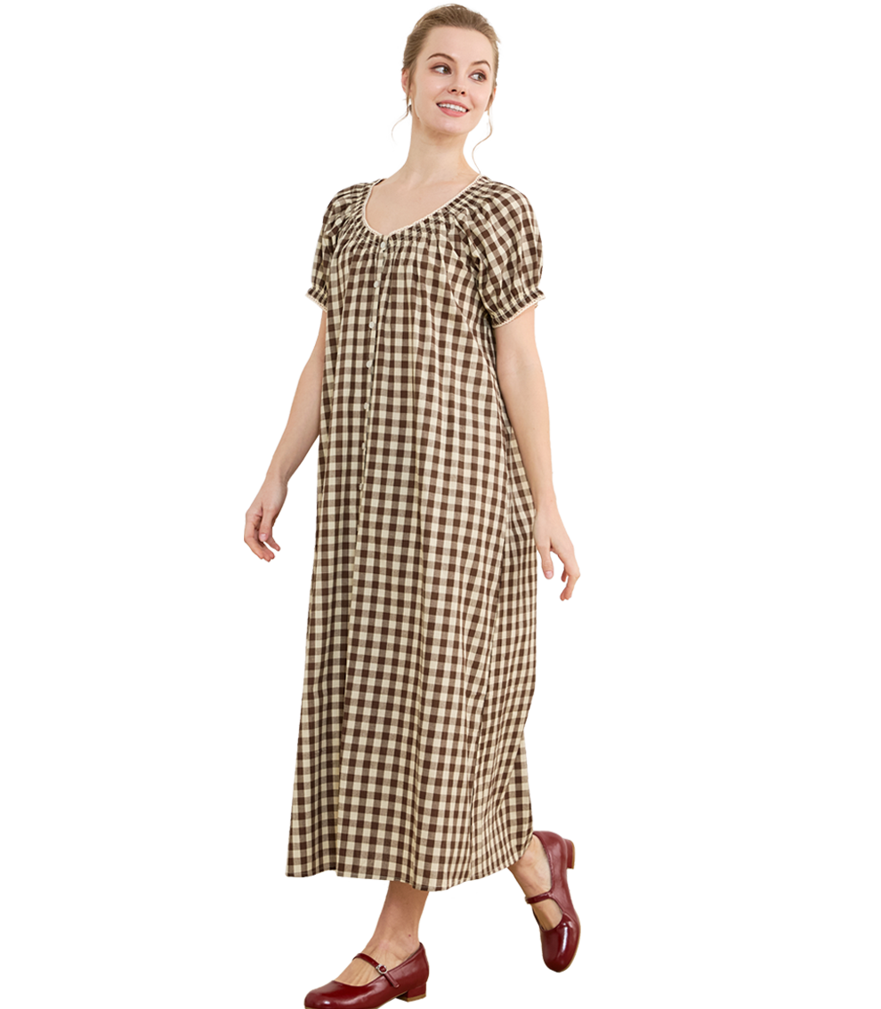Women's Gingham Cotton Puff Sleeve Midi House Dress with Pockets