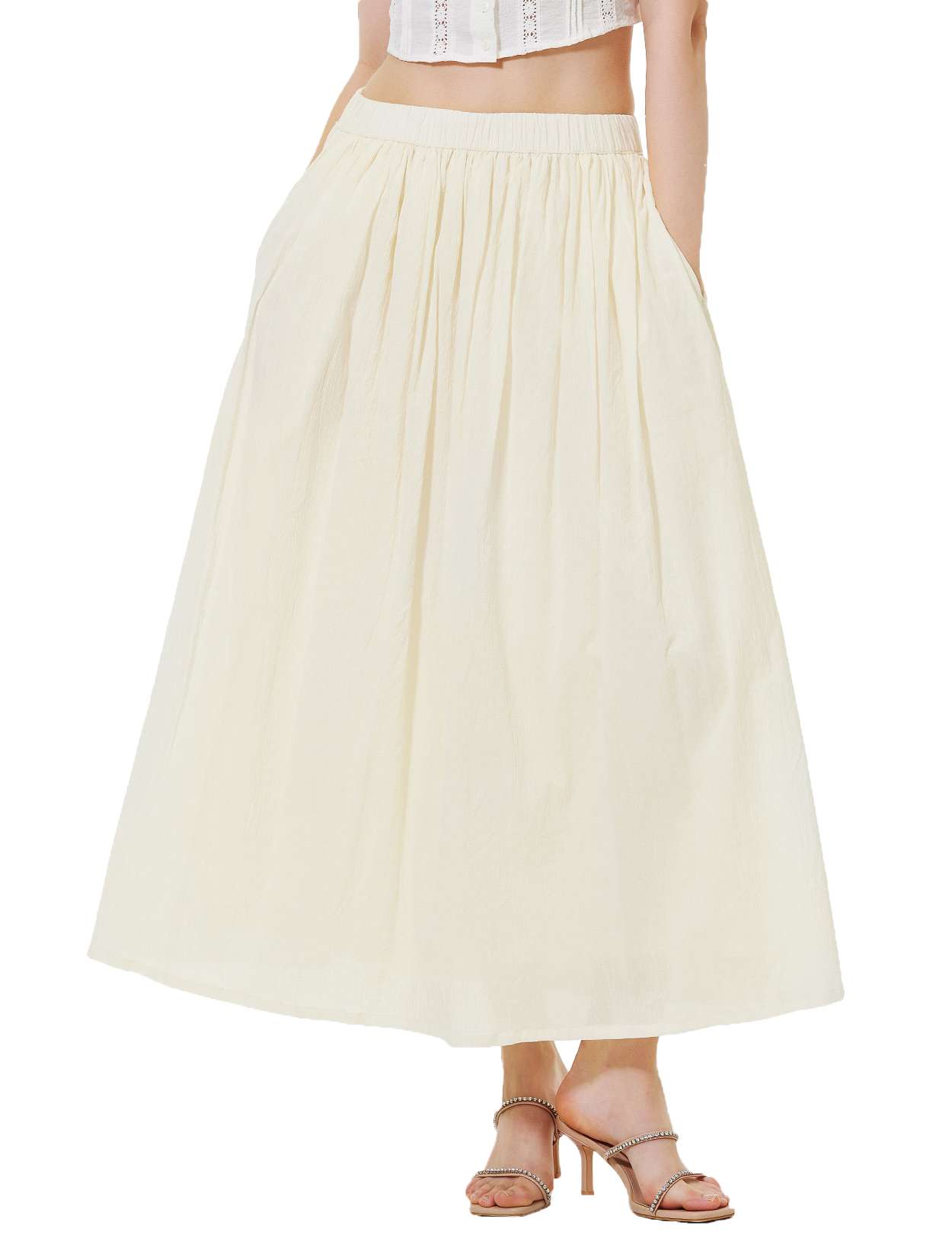 Cotton Maxi Skirt with Pockets & Elastic Waistband - White or Beige