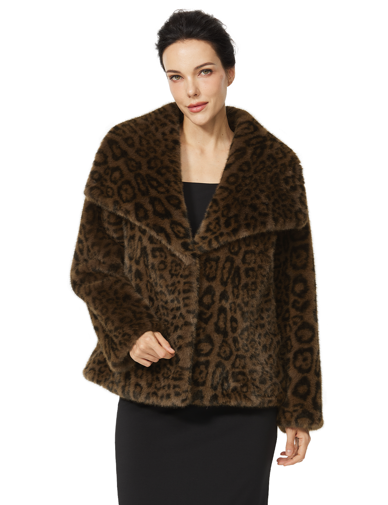 Leopard Faux Fur Cropped Coat - Fluffy Lapel Winter Jacket with Pockets