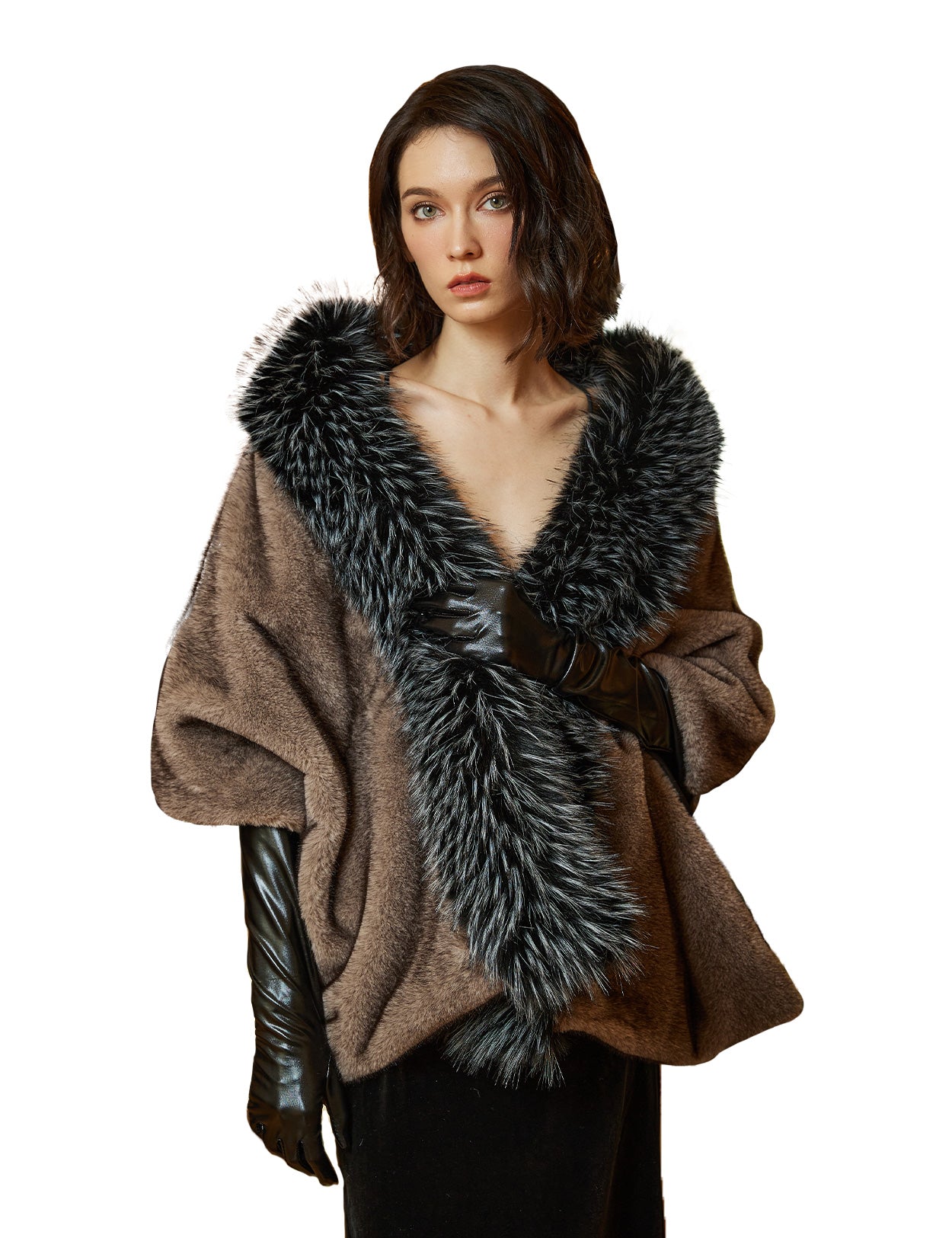 Estola de boda de lujo con ribete de piel sintética de visón y zorro