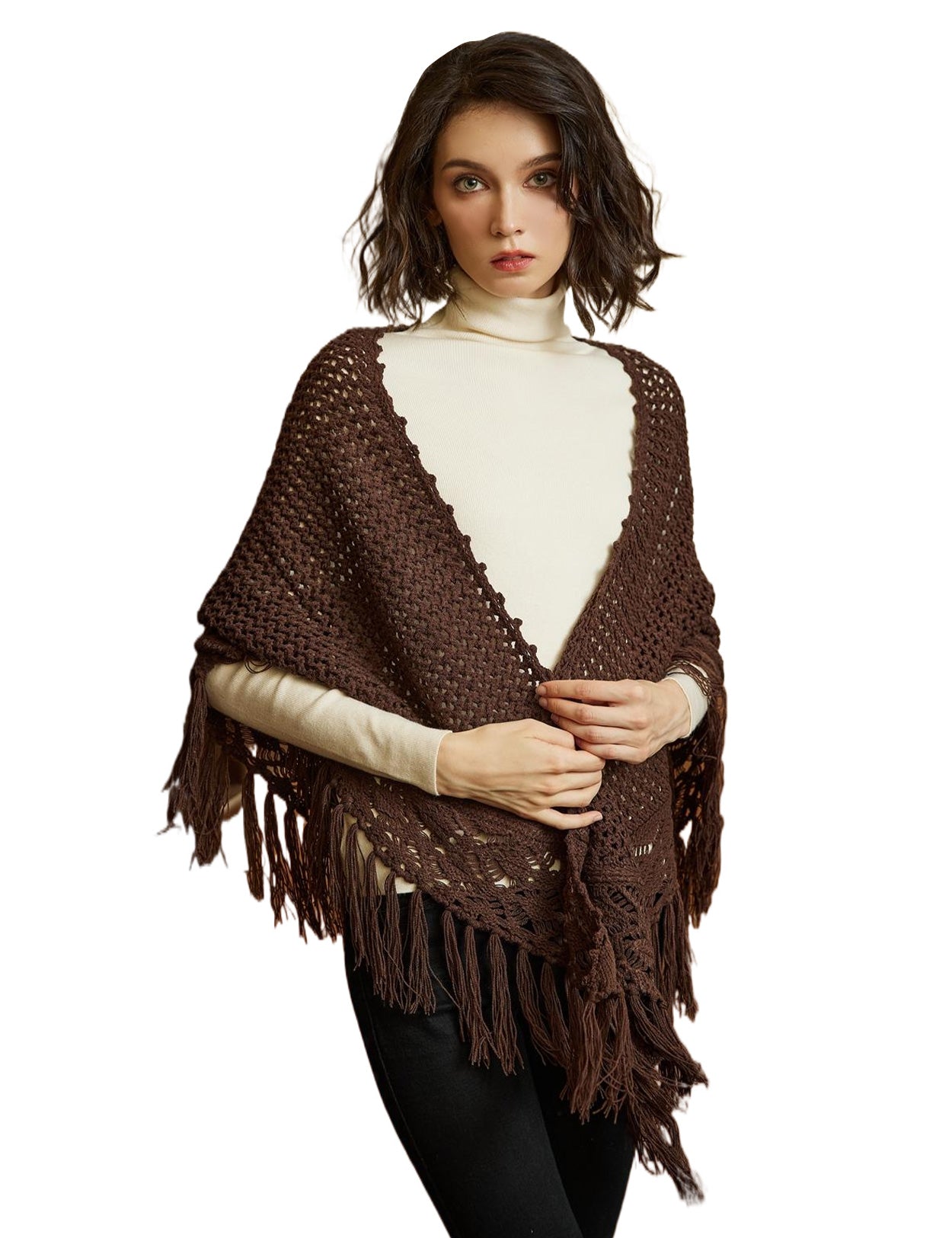 Cozy Wool Blend Shawl with Fringe, Winter Knitted Wrap