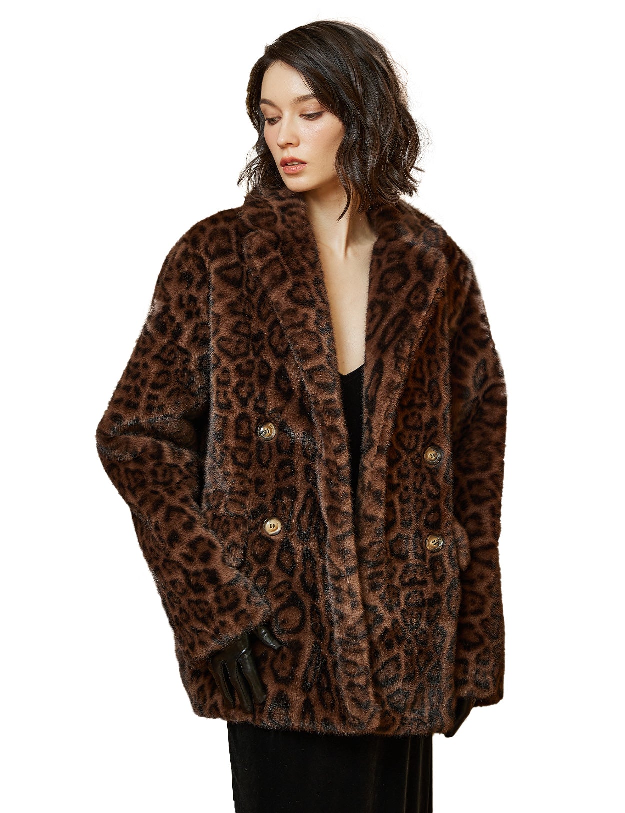 Abrigo extragrande de piel sintética de leopardo para mujer con bolsillos y solapas