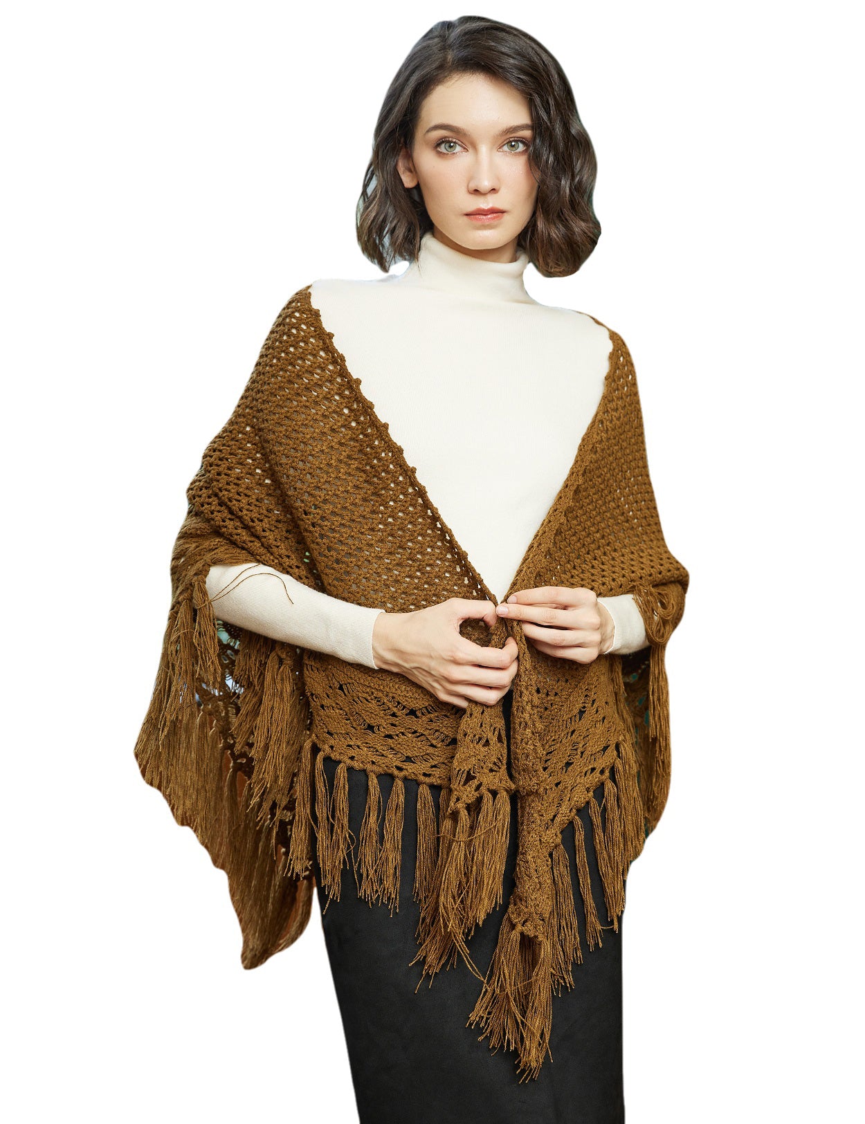 Cozy Wool Blend Shawl with Fringe, Winter Knitted Wrap