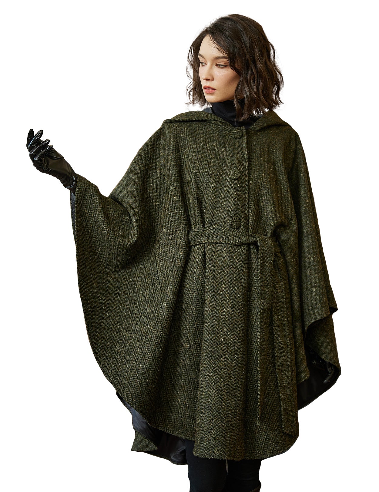 Cape à capuche en tweed pour femme avec ceinture et doublure en satin