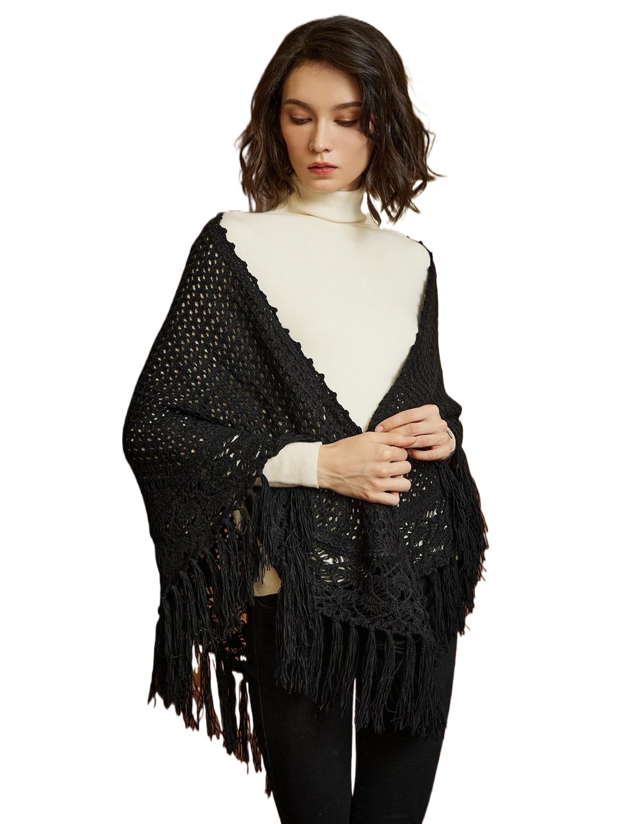 Cozy Wool Blend Shawl with Fringe, Winter Knitted Wrap