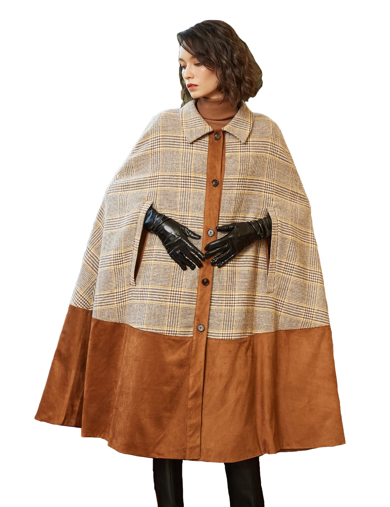 Capa de cuadros de mezcla de lana para mujer con mangas y cuello con aberturas