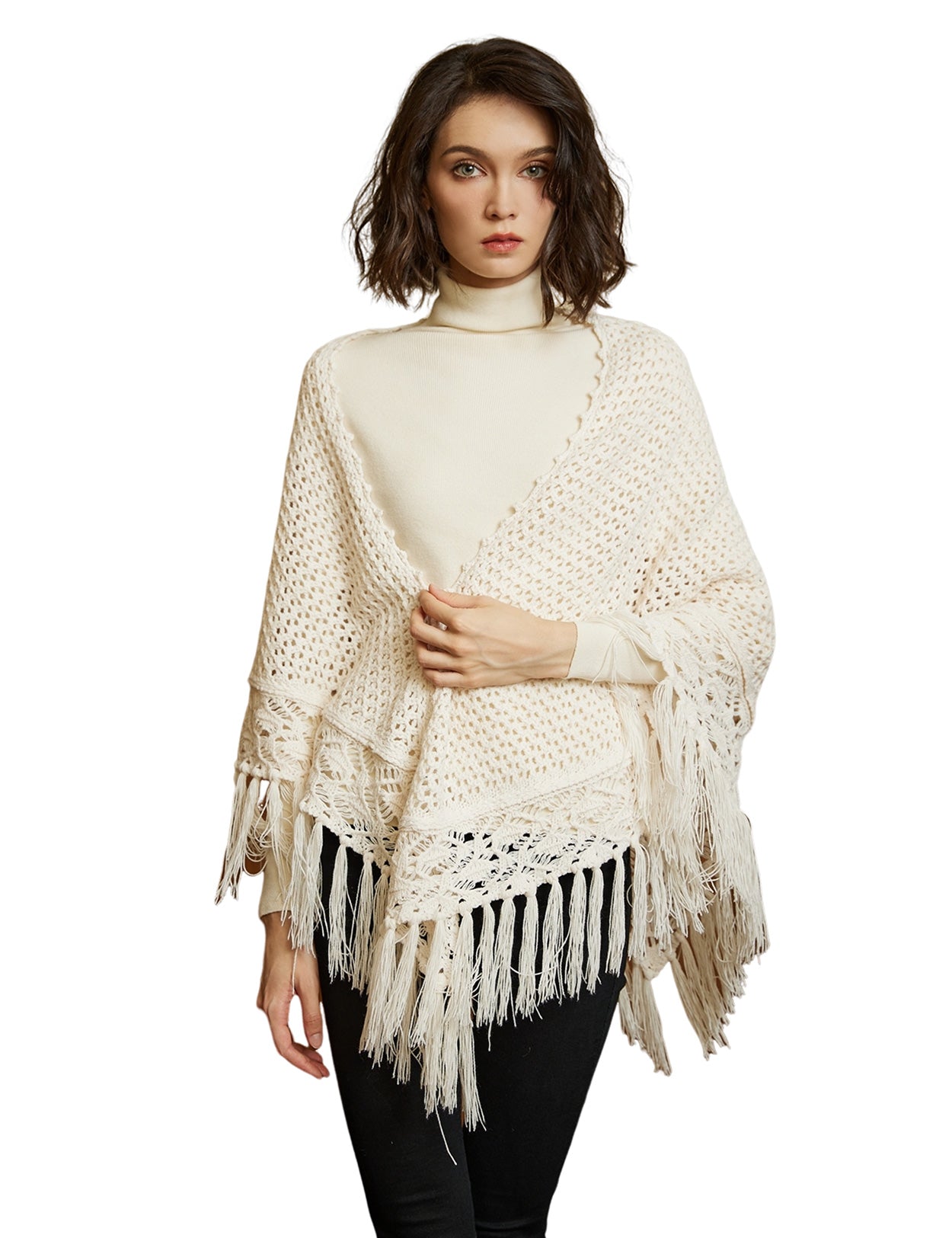 Cozy Wool Blend Shawl with Fringe, Winter Knitted Wrap