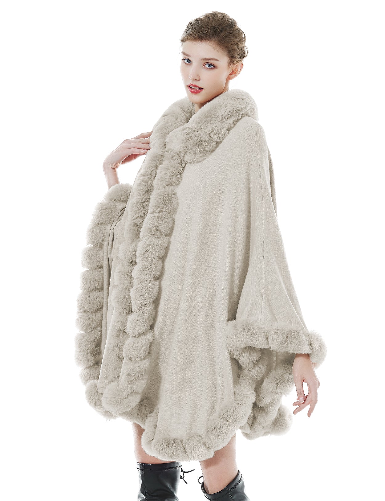 Trendy Oversized Knit Cape Coat with Hood, Faux Fur Trim