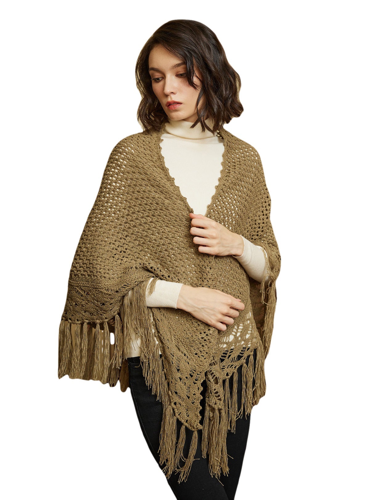 Cozy Wool Blend Shawl with Fringe, Winter Knitted Wrap