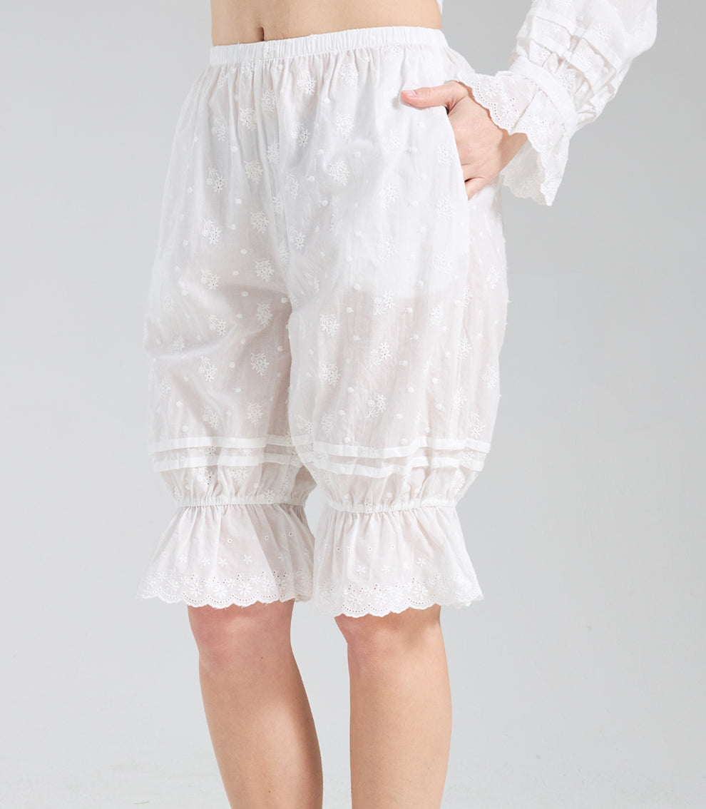 Bestickte Vintage Rüschen-Unterrock-Hose, 100 % Baumwolle mit Taschen