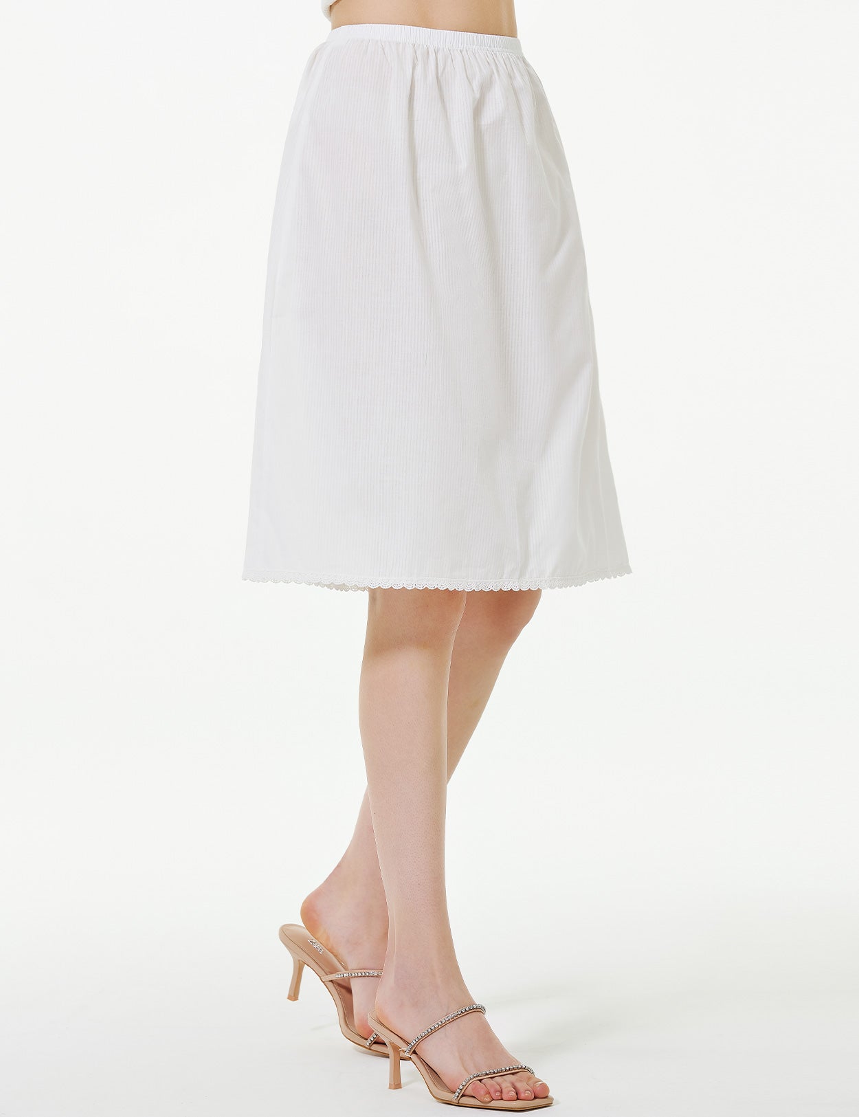 Women's 100% Cotton Half Slip with Lace Trim & Elastic Waist (White)