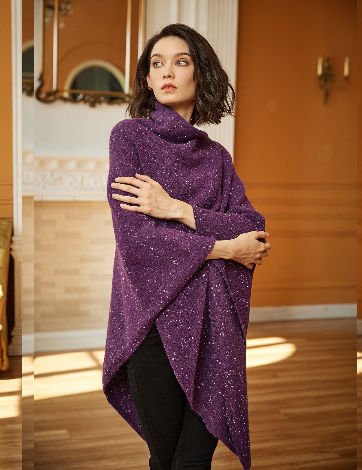 Cozy Knit Poncho with Pile Collar
