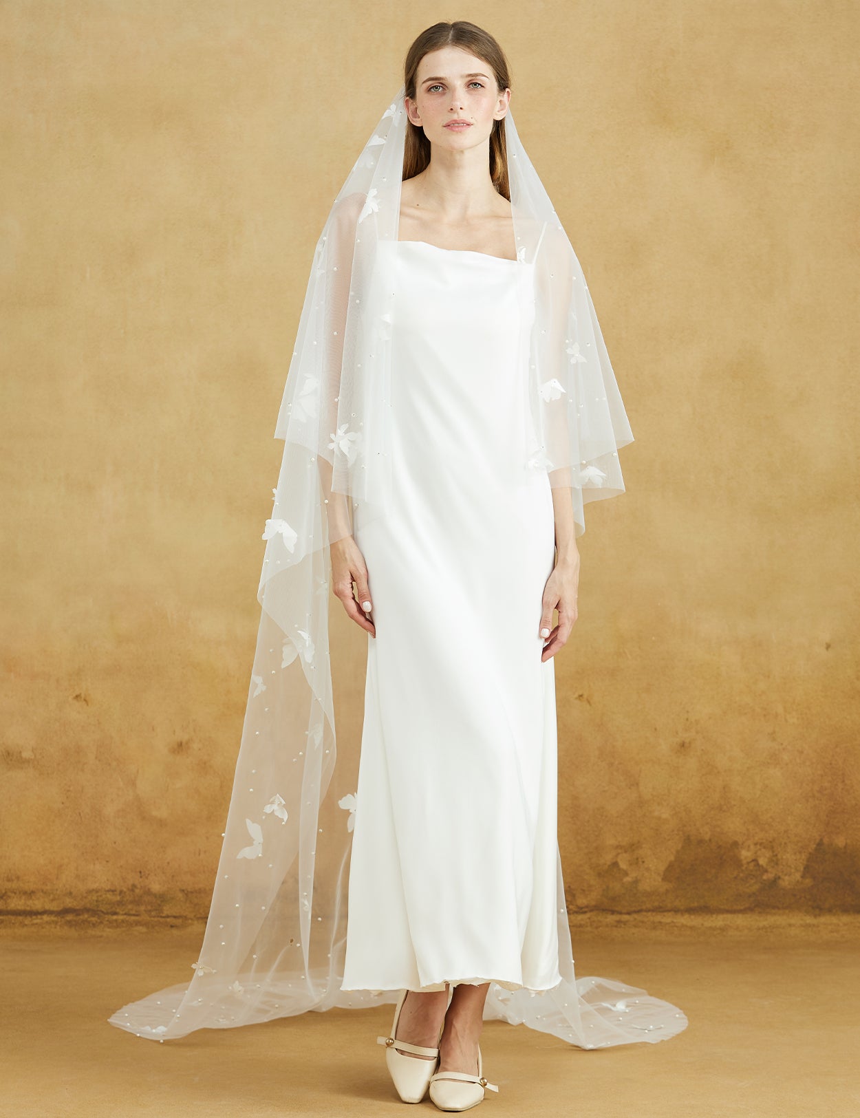 Elegant Cathedral Wedding Veil with Pearl Blusher & Butterfly Details