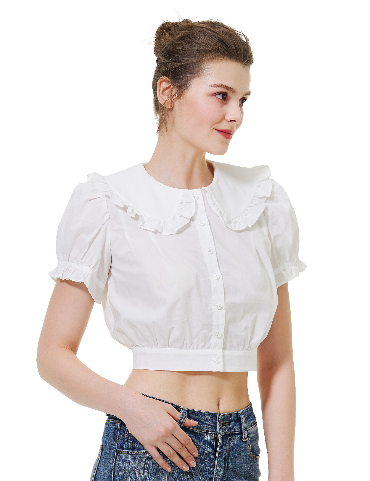 100% Cotton Vintage French Crop Top with Peter Pan Collar & Puff Sleeve