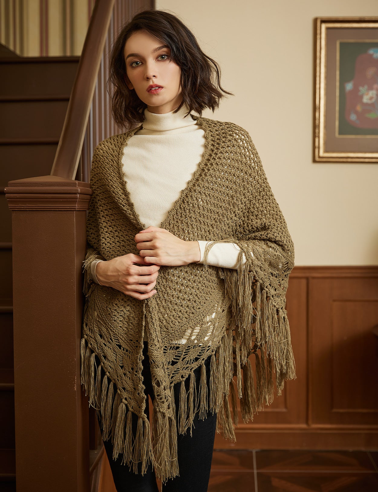 Cozy Wool Blend Shawl with Fringe, Winter Knitted Wrap