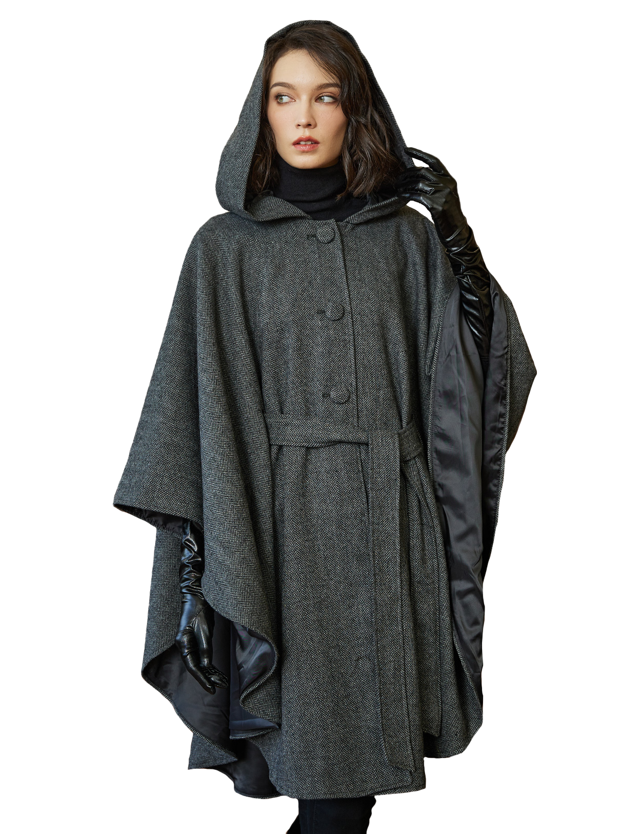 Women's Tweed Hooded Cloak with Belt & Satin Lining