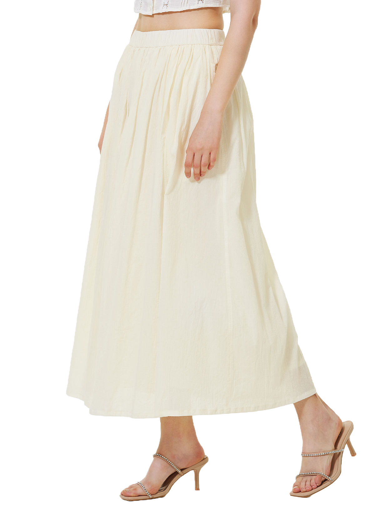 Cotton Maxi Skirt with Pockets & Elastic Waistband - White or Beige