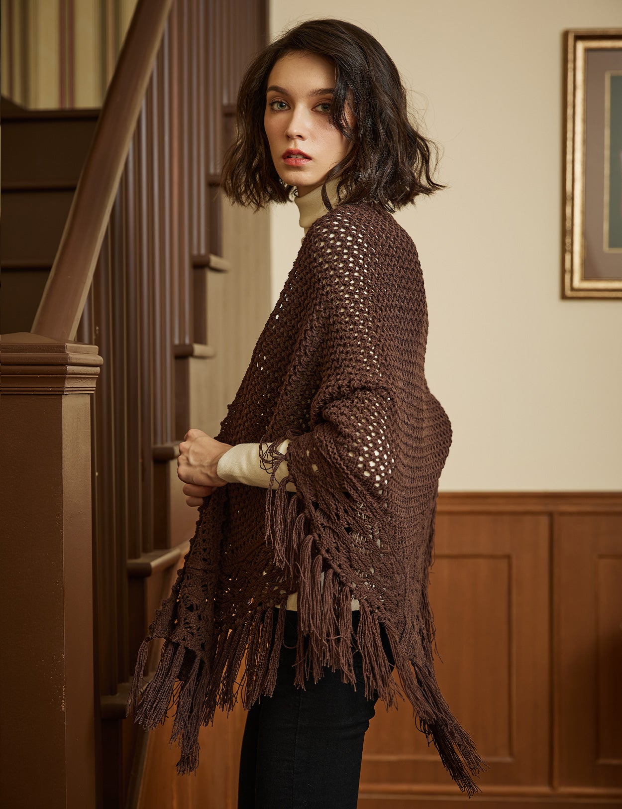 Cozy Wool Blend Shawl with Fringe, Winter Knitted Wrap