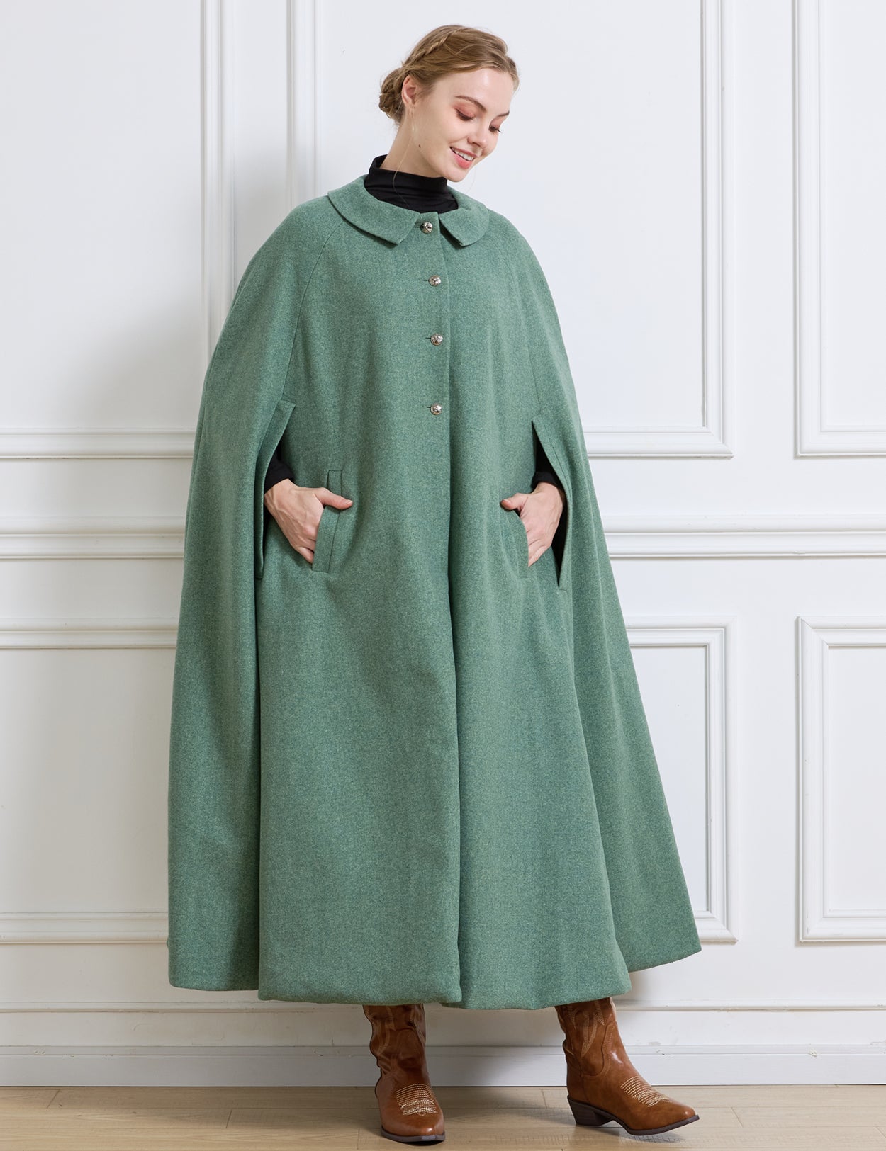 Umhang aus Wollmischung mit geschlitzten Ärmeln und Taschen | Warmer Winterumhang - Grün