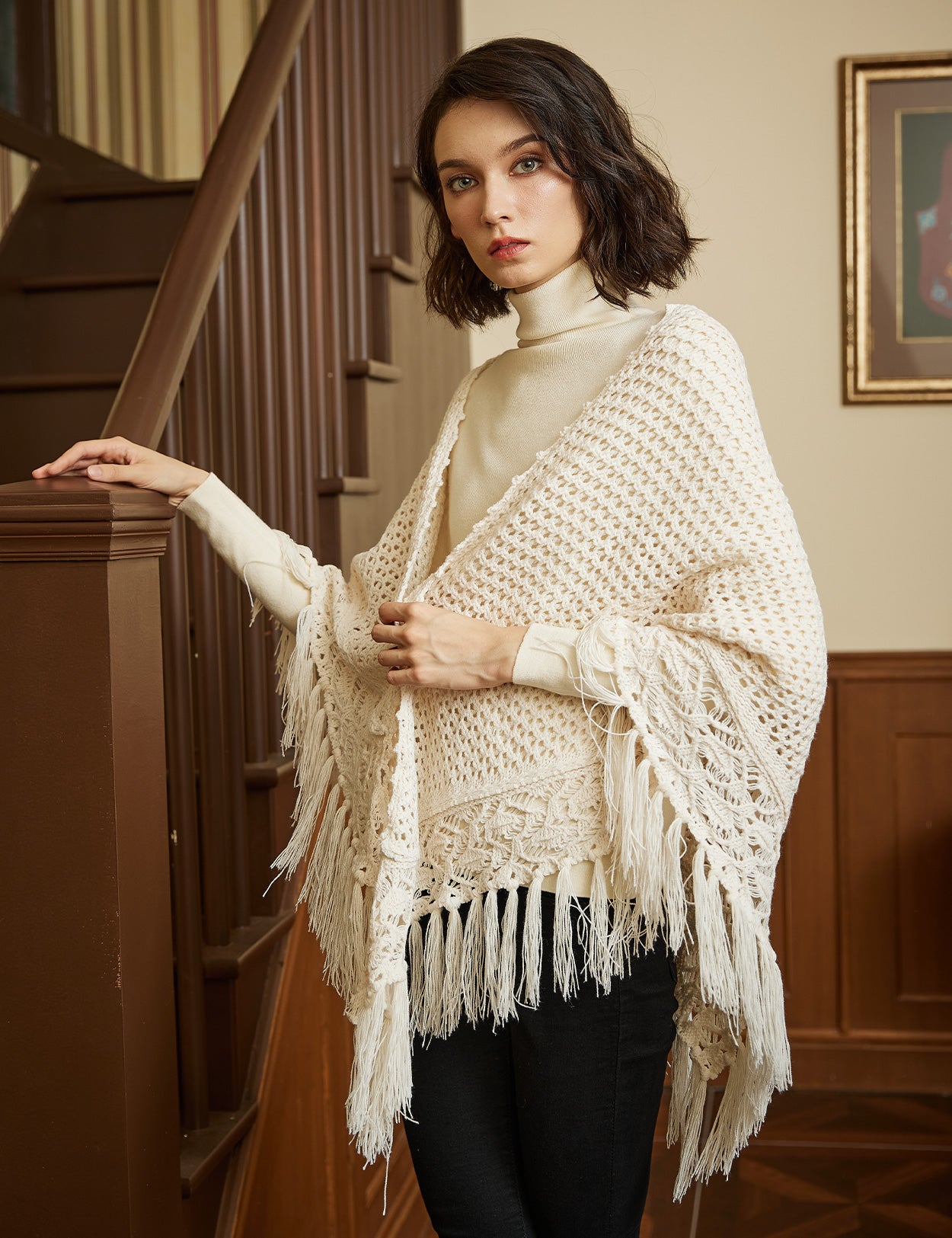 Cozy Wool Blend Shawl with Fringe, Winter Knitted Wrap