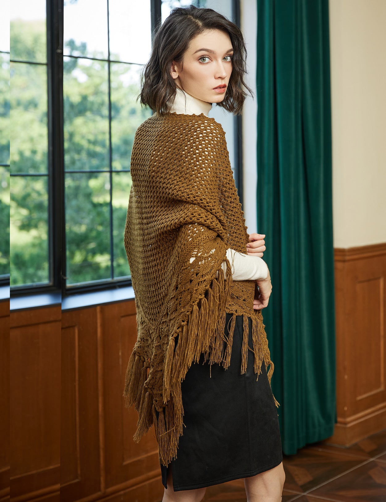 Cozy Wool Blend Shawl with Fringe, Winter Knitted Wrap