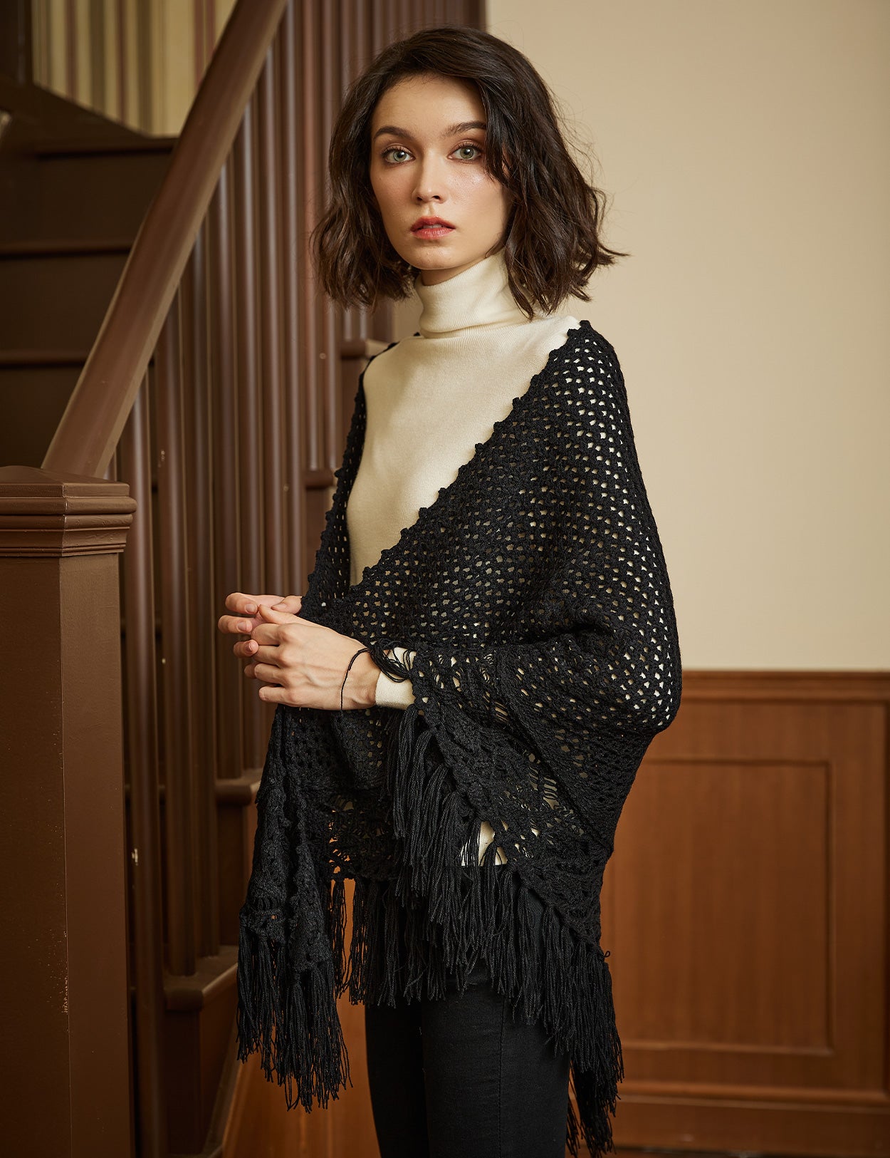 Cozy Wool Blend Shawl with Fringe, Winter Knitted Wrap