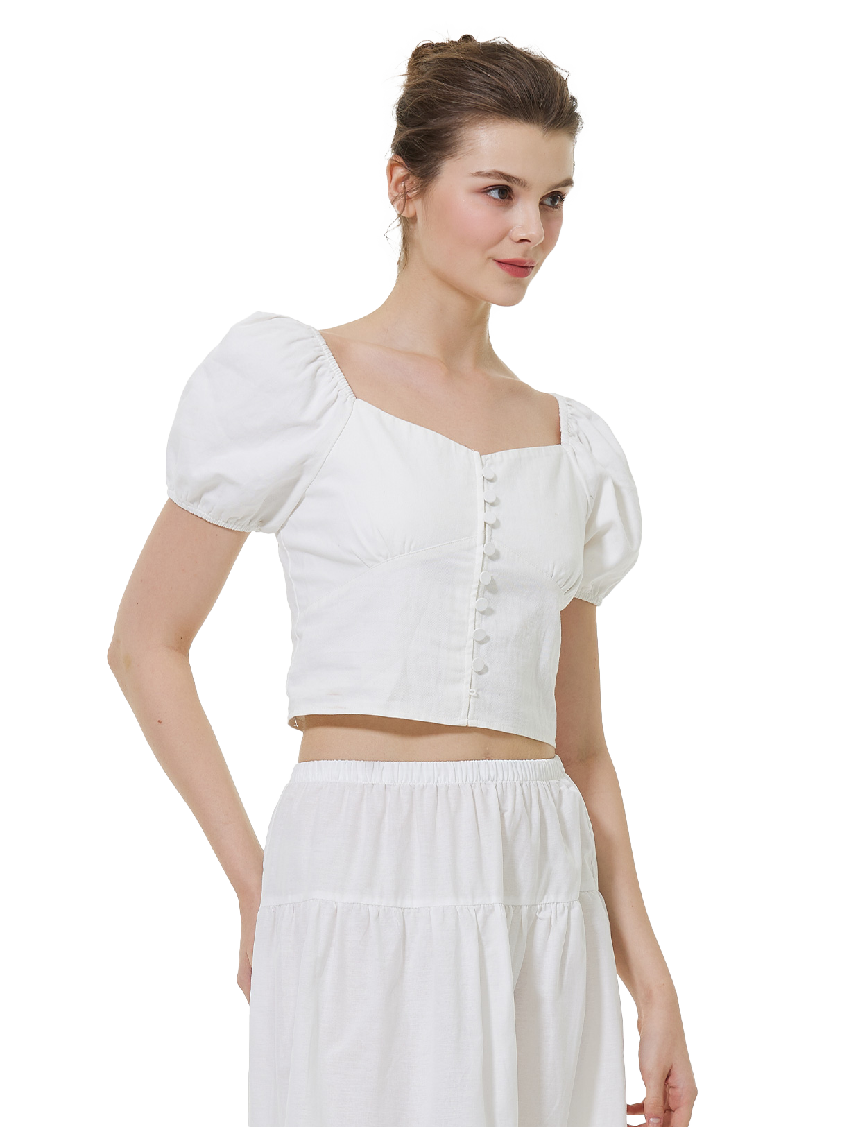 Renaissance Style White Crop Blouse with Puff Sleeves & Decorative Buttons