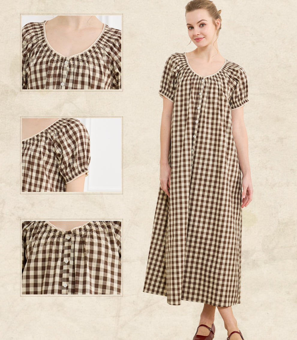 Women's Gingham Cotton Puff Sleeve Midi House Dress with Pockets