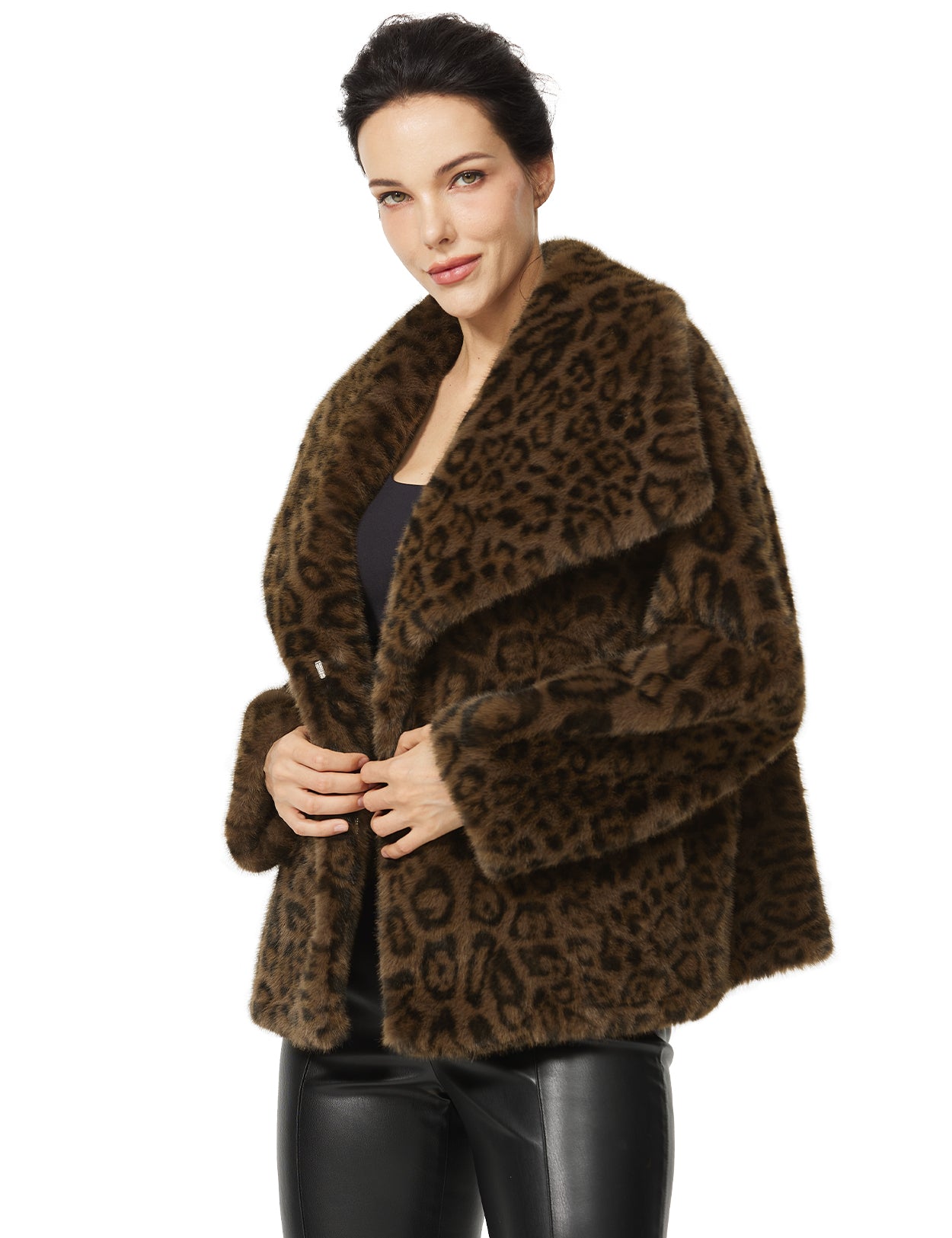 Leopard Faux Fur Cropped Coat - Fluffy Lapel Winter Jacket with Pockets