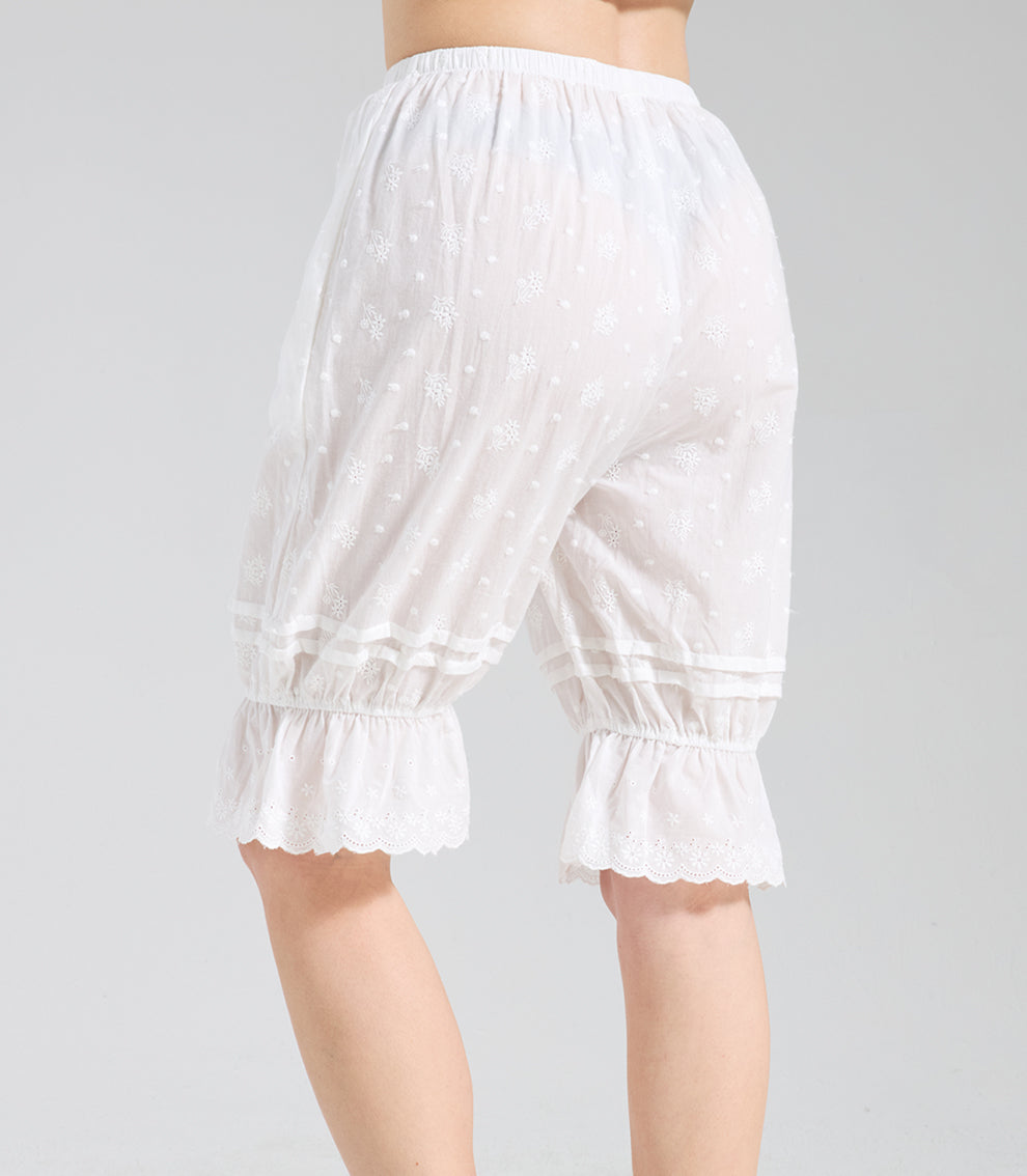 Bestickte Vintage Rüschen-Unterrock-Hose, 100 % Baumwolle mit Taschen