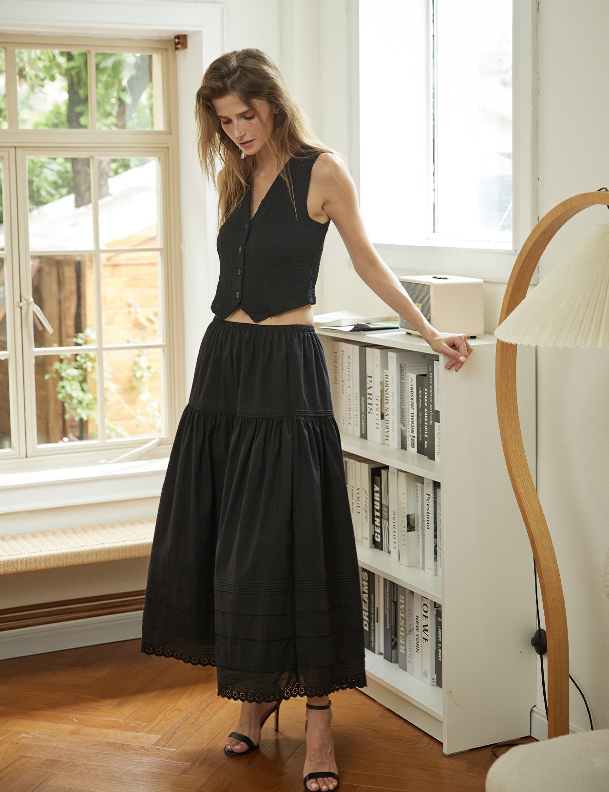 Black Edwardian Long A-Line Lace Trim Pintuck Tier Skirt 100% Cotton