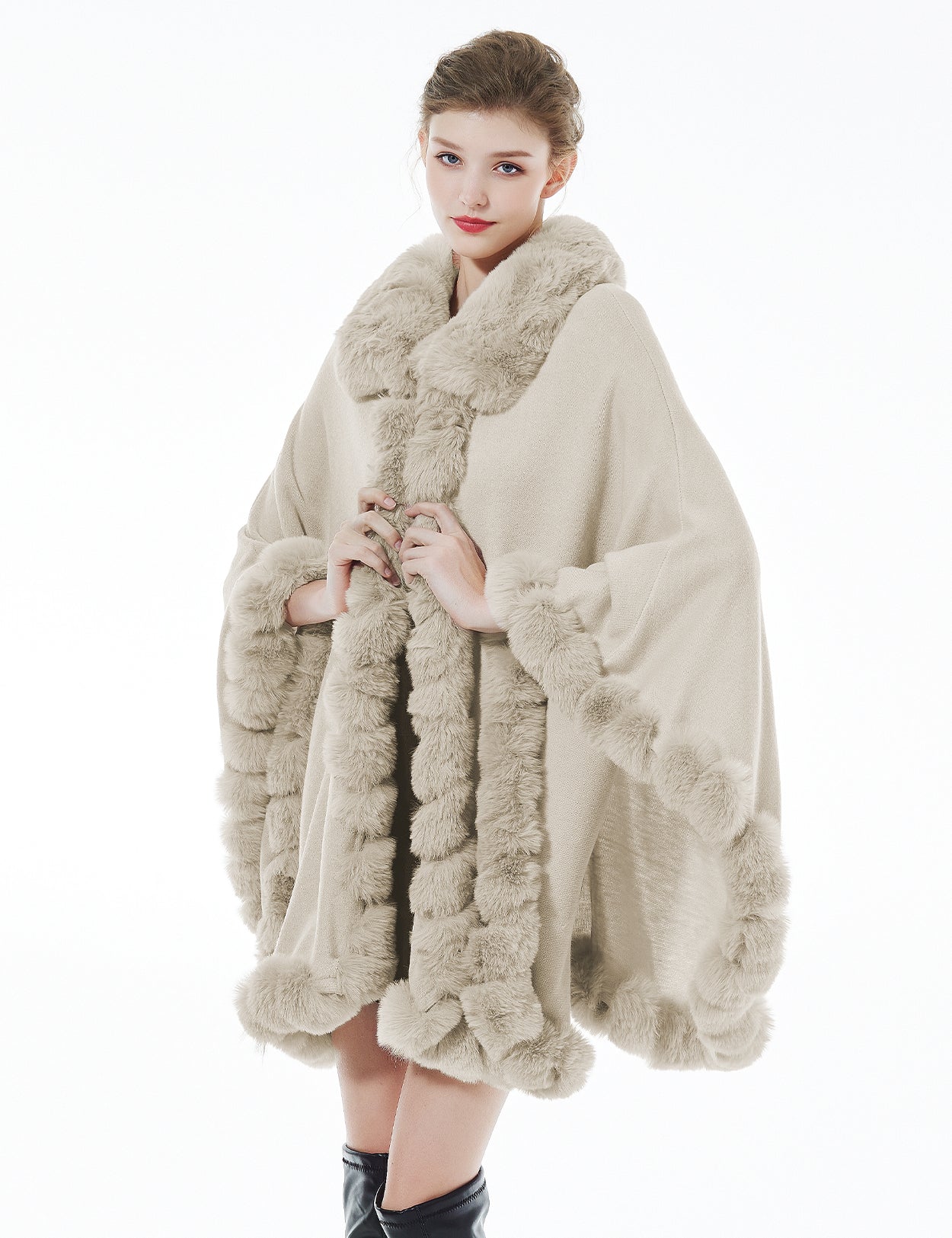 Trendy Oversized Knit Cape Coat with Hood, Faux Fur Trim
