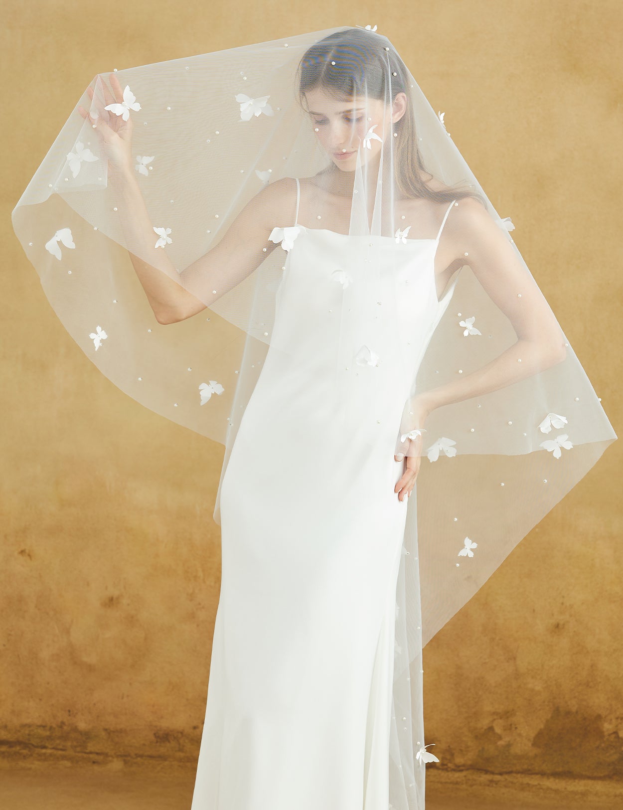 Elegant Cathedral Wedding Veil with Pearl Blusher & Butterfly Details