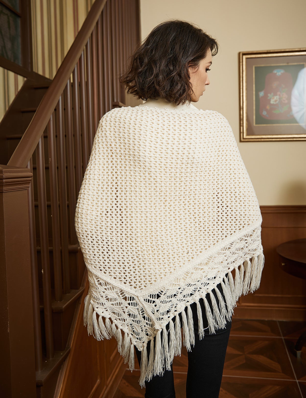 Cozy Wool Blend Shawl with Fringe, Winter Knitted Wrap