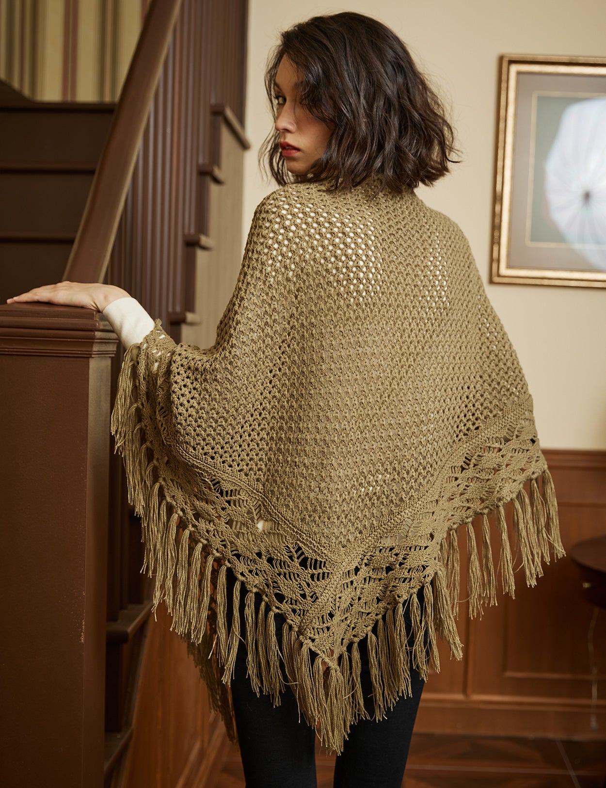 Cozy Wool Blend Shawl with Fringe, Winter Knitted Wrap