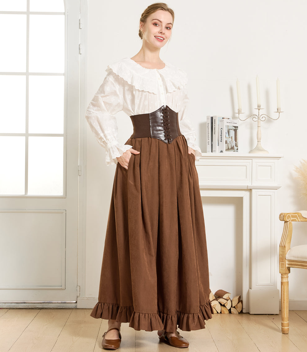 Gothic Victorian Long Skirt for Women, Peach with Ruffle Hem & Pockets