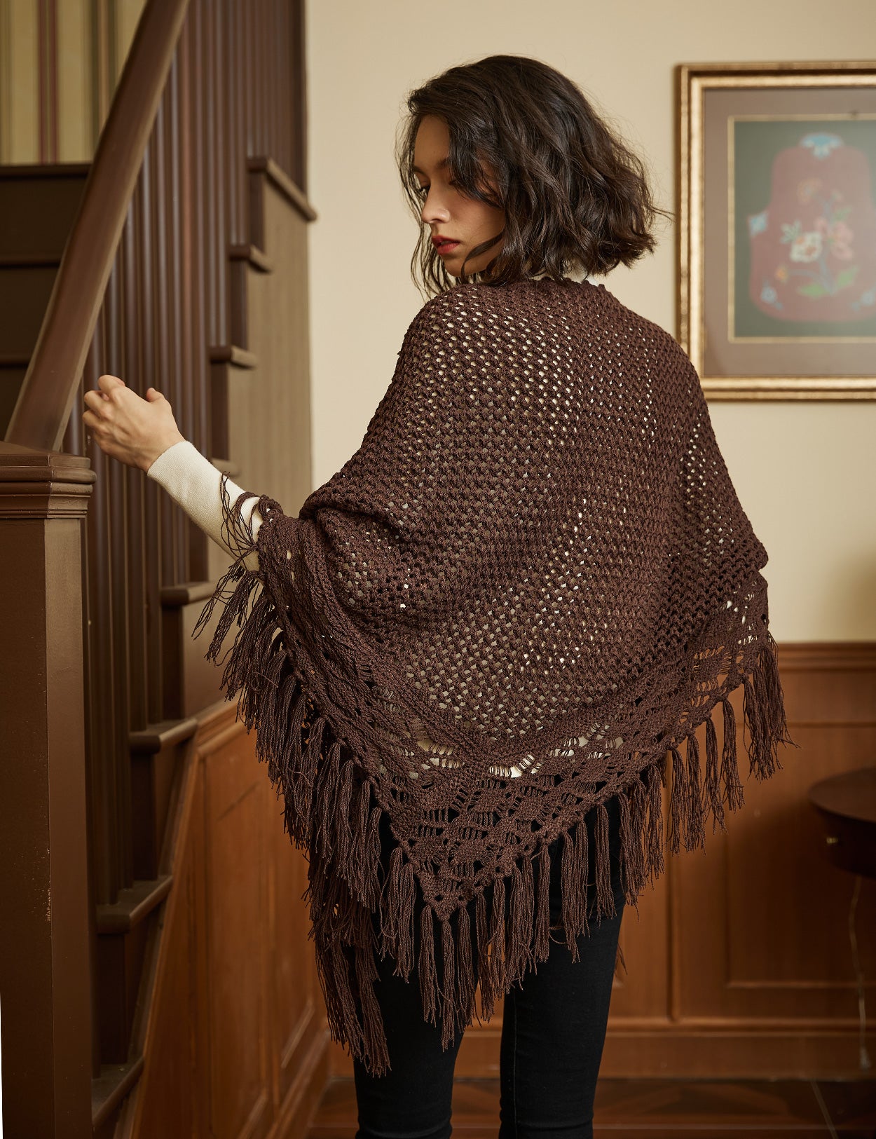 Cozy Wool Blend Shawl with Fringe, Winter Knitted Wrap
