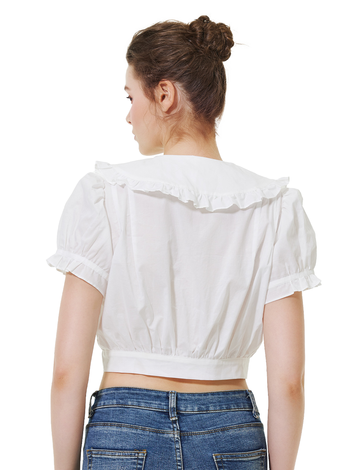100% Cotton Vintage French Crop Top with Peter Pan Collar & Puff Sleeve