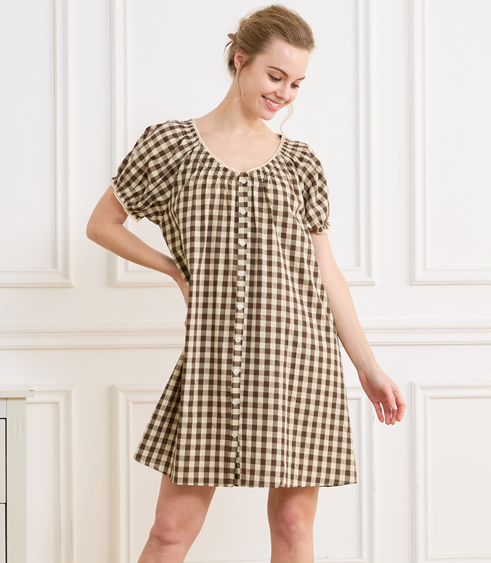 Women's Gingham Cotton Puff Sleeve Midi House Dress with Pockets