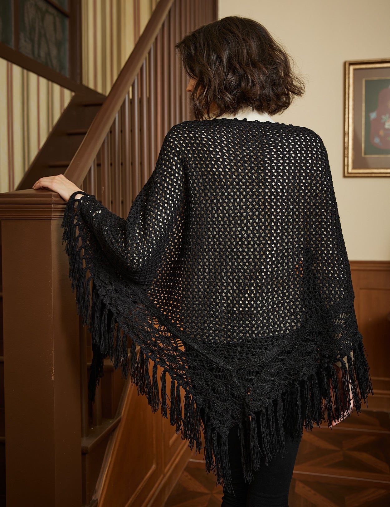 Cozy Wool Blend Shawl with Fringe, Winter Knitted Wrap