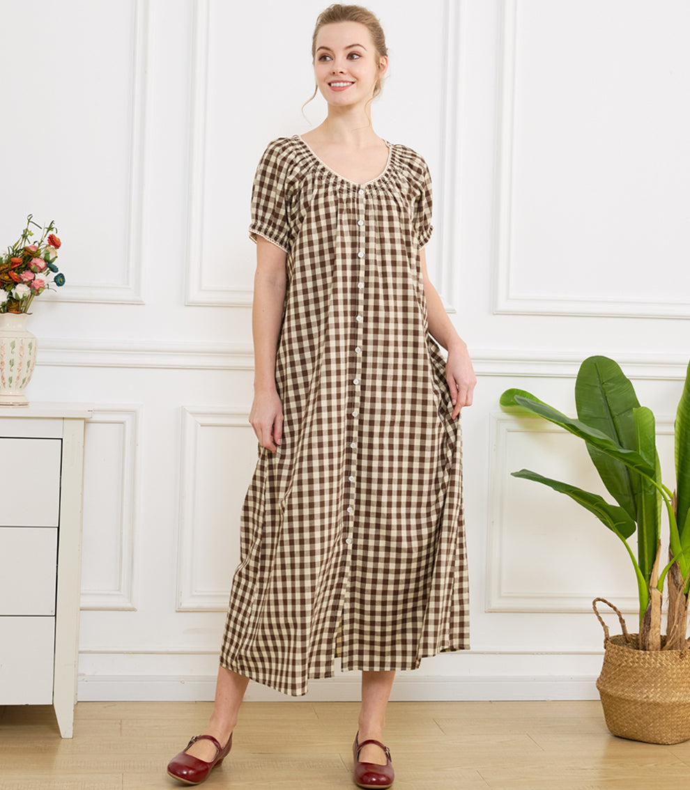 Women's Gingham Cotton Puff Sleeve Midi House Dress with Pockets